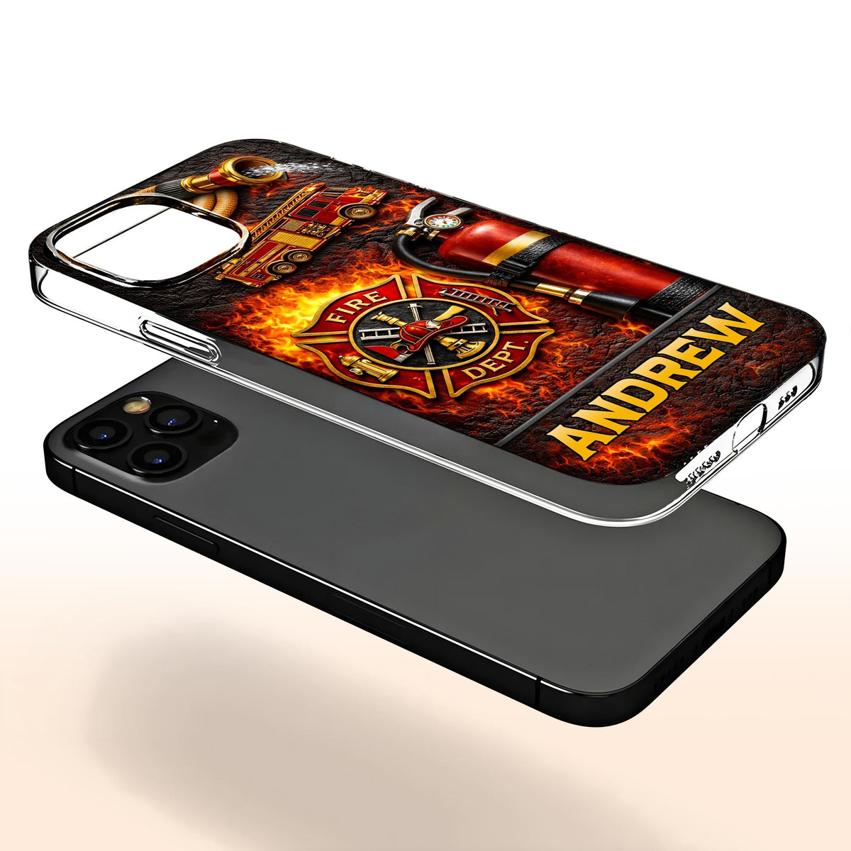 Fire Dept Firetruck and Badge, Personalized Clear Phone Case, Gift for Firefighters and Firefighter Lovers