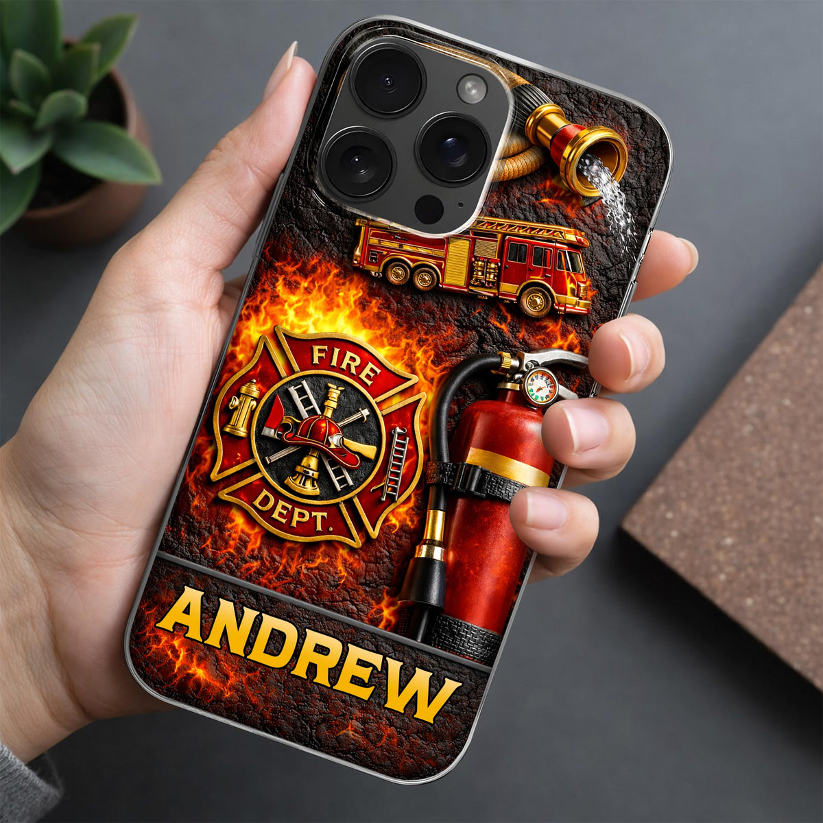 Fire Dept Firetruck and Badge, Personalized Clear Phone Case, Gift for Firefighters and Firefighter Lovers