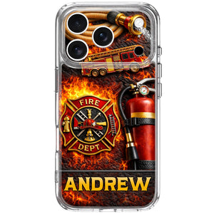 Fire Dept Firetruck and Badge, Personalized Clear Phone Case, Gift for Firefighters and Firefighter Lovers
