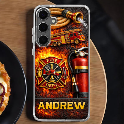 Fire Dept Firetruck and Badge, Personalized Clear Phone Case, Gift for Firefighters and Firefighter Lovers