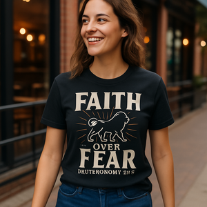 Faith Over Fear Christian Lion T-Shirt – Deuteronomy 31:6 Bible Verse Tee – Inspirational Religious Apparel for Believers Faith%20Over%20Fear%20prompt%20%2311%20lifestyle%20mockup.png