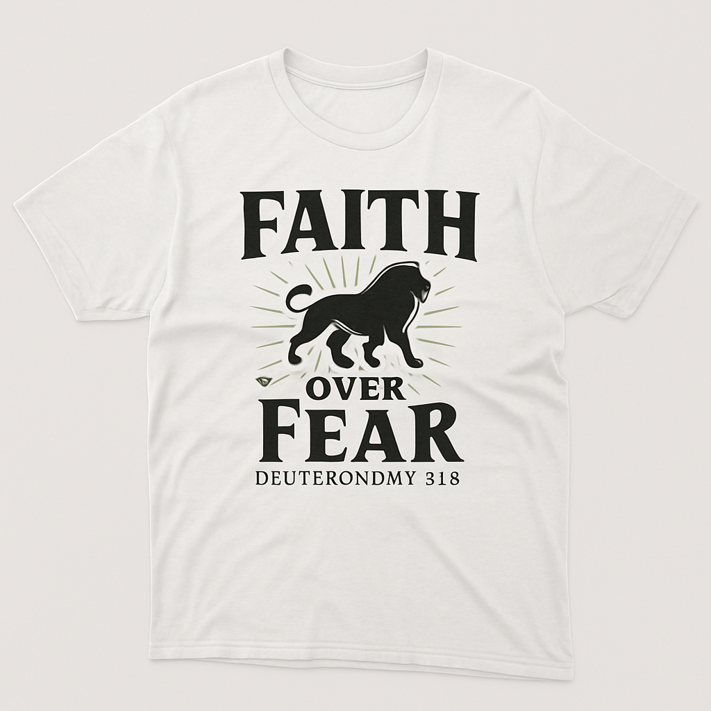 Faith Over Fear Christian Lion T-Shirt – Deuteronomy 31:6 Bible Verse Tee – Inspirational Religious Apparel for Believers Faith%20Over%20Fear%20prompt%20%2311%20studio%20mockup.png