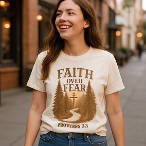 Faith Over Fear Christian T-Shirt – Proverbs 3:5 Cross & Nature Path Graphic – Inspirational Religious Tee for Believers Faith%20Over%20Fear%20prompt%20%2312%20lifestyle%20mockup.png