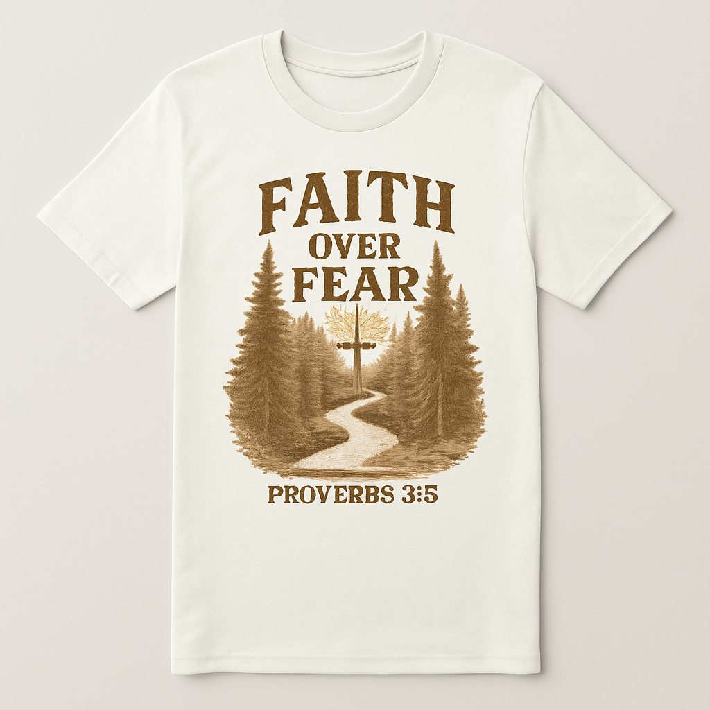 Faith Over Fear Christian T-Shirt – Proverbs 3:5 Cross & Nature Path Graphic – Inspirational Religious Tee for Believers Faith%20Over%20Fear%20prompt%20%2312%20studio%20mockup.png