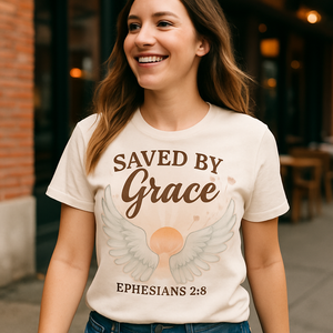 Saved by Grace Christian T-Shirt – Ephesians 2:8, Angel Wings & Sunrise Faith Over Fear Graphic Tee Faith%20Over%20Fear%20prompt%20%2313%20lifestyle%20mockup.png