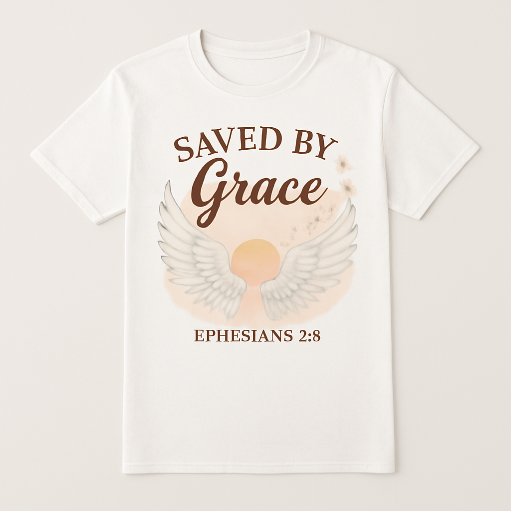 Saved by Grace Christian T-Shirt – Ephesians 2:8, Angel Wings & Sunrise Faith Over Fear Graphic Tee Faith%20Over%20Fear%20prompt%20%2313%20studio%20mockup.png