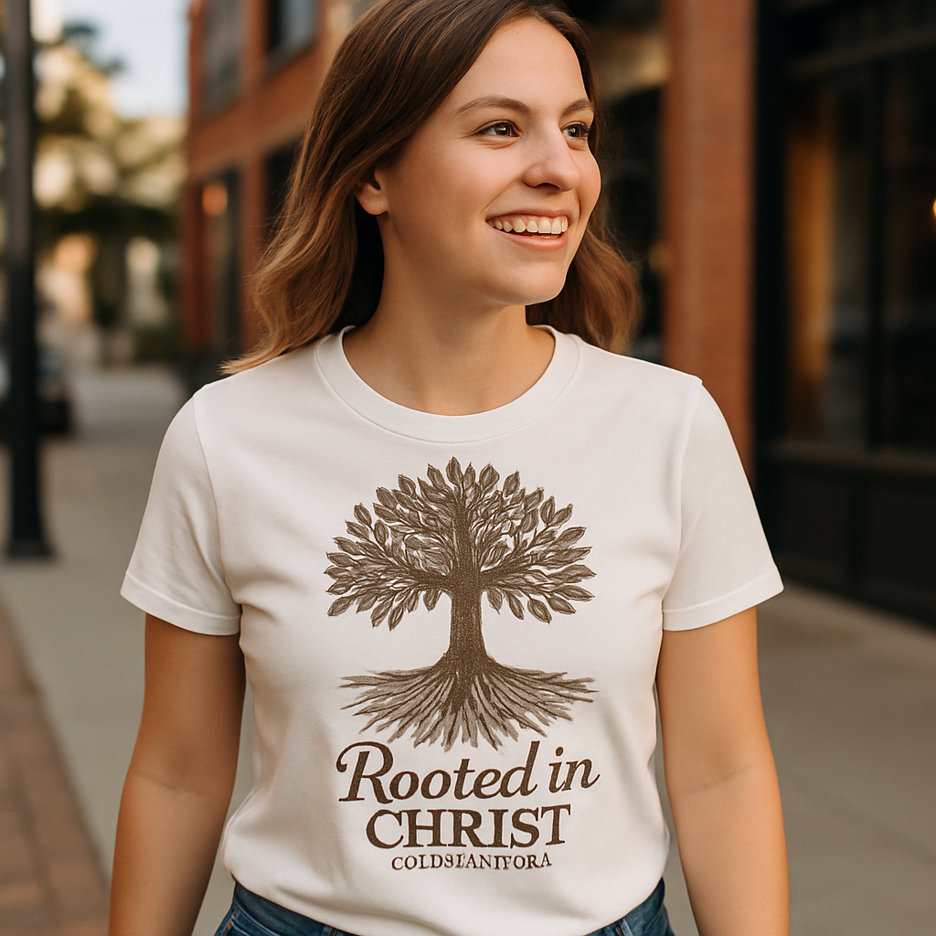 Rooted in Christ T-Shirt – Faith Over Fear Christian Scripture Colossians 2:17 Tee with Tree Graphic, Inspirational Religious Shirt Faith%20Over%20Fear%20prompt%20%2314%20lifestyle%20mockup.png