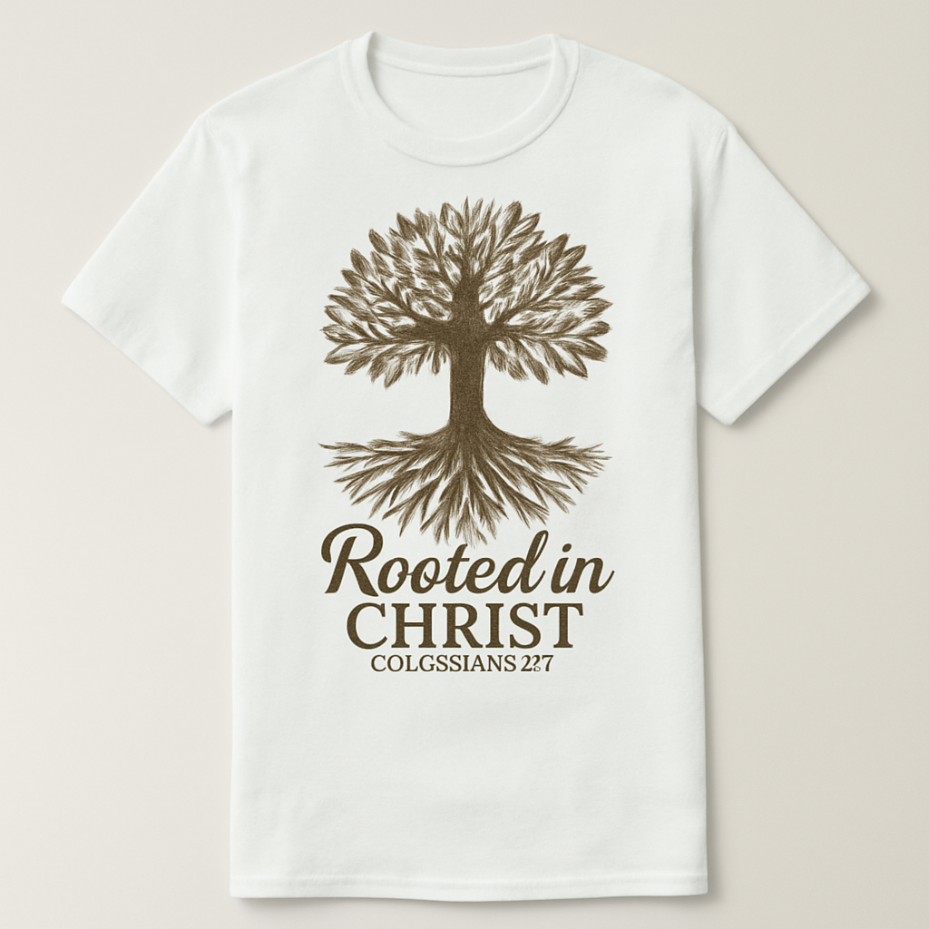 Rooted in Christ T-Shirt – Faith Over Fear Christian Scripture Colossians 2:17 Tee with Tree Graphic, Inspirational Religious Shirt Faith%20Over%20Fear%20prompt%20%2314%20studio%20mockup.png