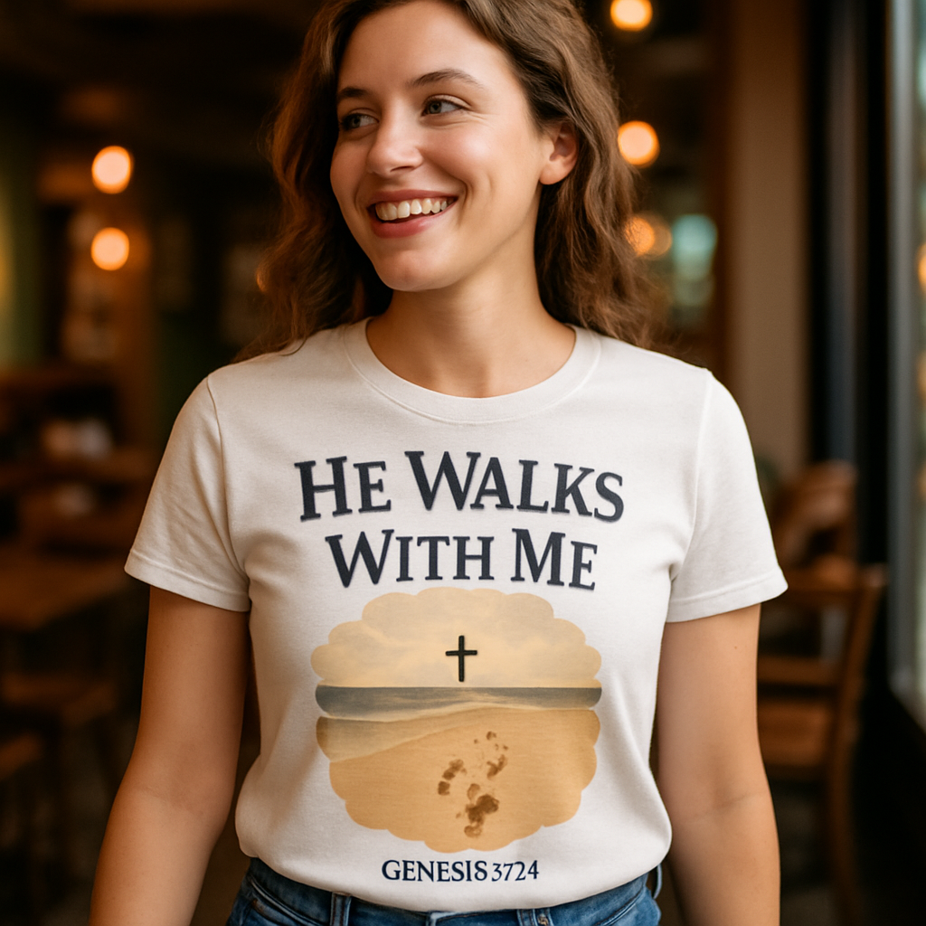 He Walks With Me Christian T-Shirt – Faith Over Fear, Cross & Footprints Beach Design, Inspirational Bible Verse Tee for Believers Faith%20Over%20Fear%20prompt%20%2317%20lifestyle%20mockup.png
