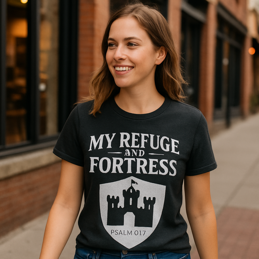 My Refuge and Fortress Psalm 91:2 T-Shirt – Christian Faith Over Fear Shield Castle Scripture Tee Faith%20Over%20Fear%20prompt%20%2318%20lifestyle%20mockup.png