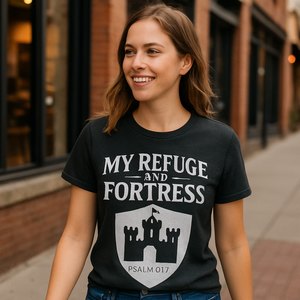 My Refuge and Fortress Psalm 91:2 T-Shirt – Christian Faith Over Fear Shield Castle Scripture Tee Faith%20Over%20Fear%20prompt%20%2318%20lifestyle%20mockup.png