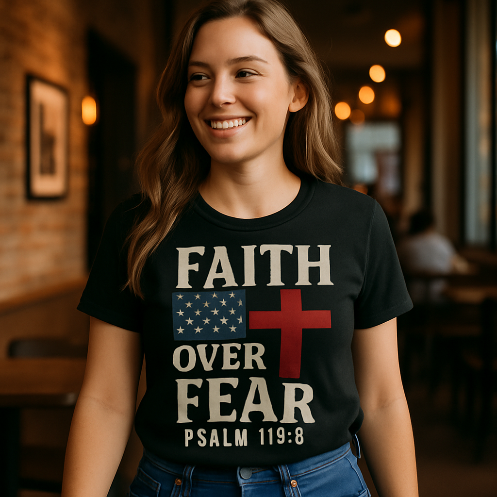 Faith Over Fear Christian T-Shirt – Psalm 118:6, American Flag & Cross, Religious Inspirational Tee, Patriotic Christian Apparel Faith%20Over%20Fear%20prompt%20%231%20lifestyle%20mockup.png