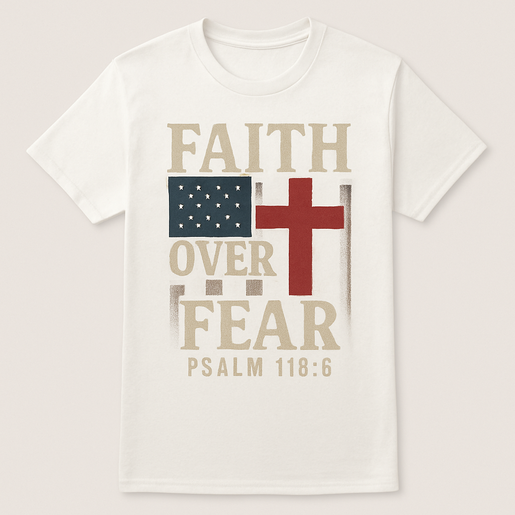 Faith Over Fear Christian T-Shirt – Psalm 118:6, American Flag & Cross, Religious Inspirational Tee, Patriotic Christian Apparel Faith%20Over%20Fear%20prompt%20%231%20studio%20mockup.png