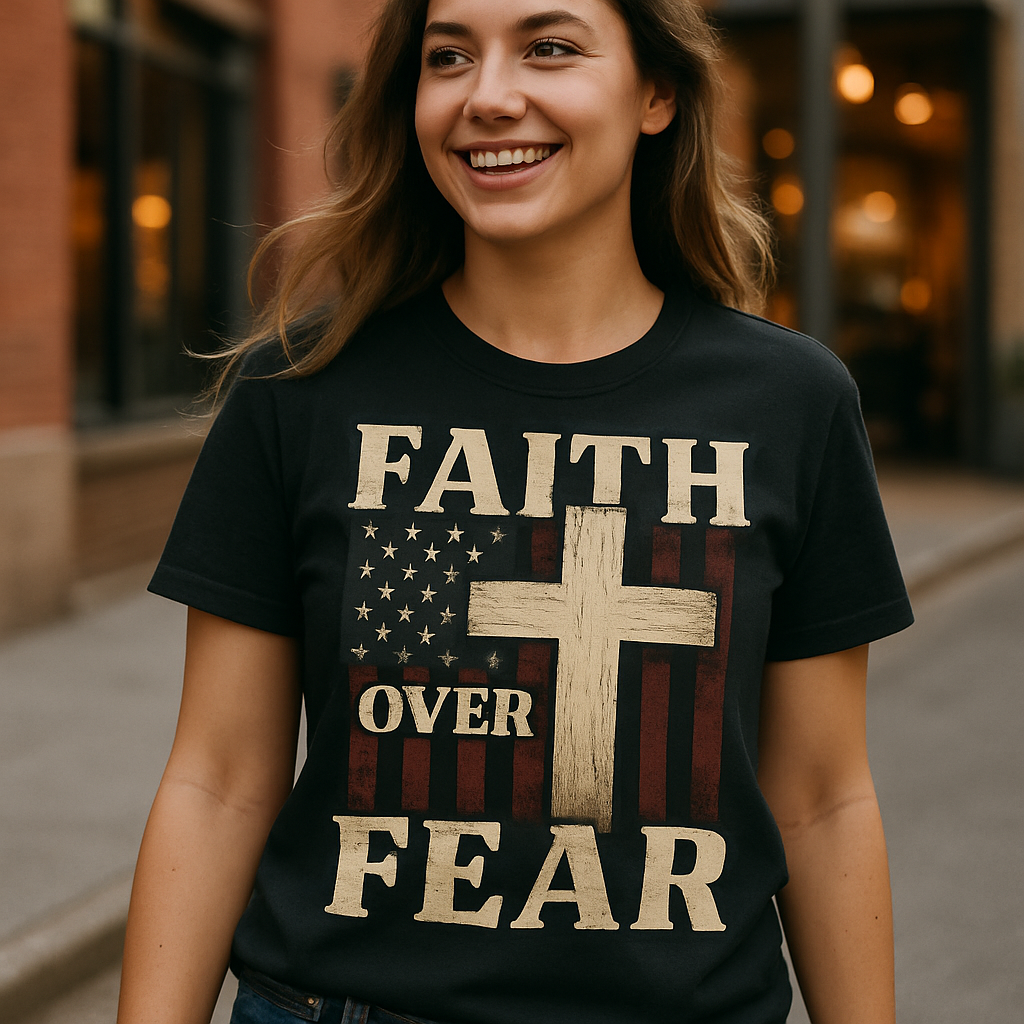 Faith Over Fear Christian T-Shirt – Distressed American Flag & Cross Graphic Tee, Inspirational Religious Apparel for Believers Faith%20Over%20Fear%20prompt%20%2321%20lifestyle%20mockup.png