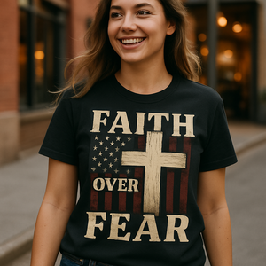 Faith Over Fear Christian T-Shirt – Distressed American Flag & Cross Graphic Tee, Inspirational Religious Apparel for Believers Faith%20Over%20Fear%20prompt%20%2321%20lifestyle%20mockup.png