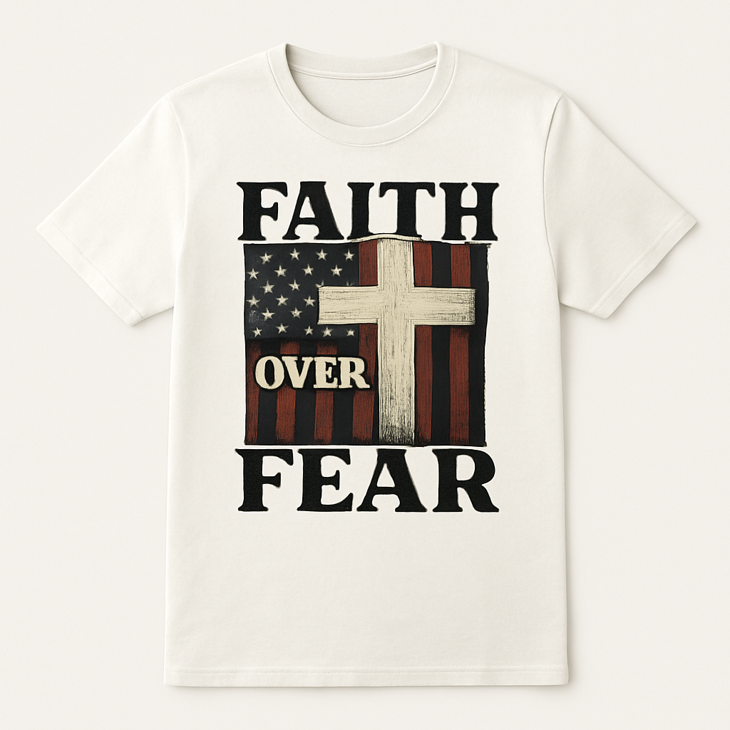 Faith Over Fear Christian T-Shirt – Distressed American Flag & Cross Graphic Tee, Inspirational Religious Apparel for Believers Faith%20Over%20Fear%20prompt%20%2321%20studio%20mockup.png