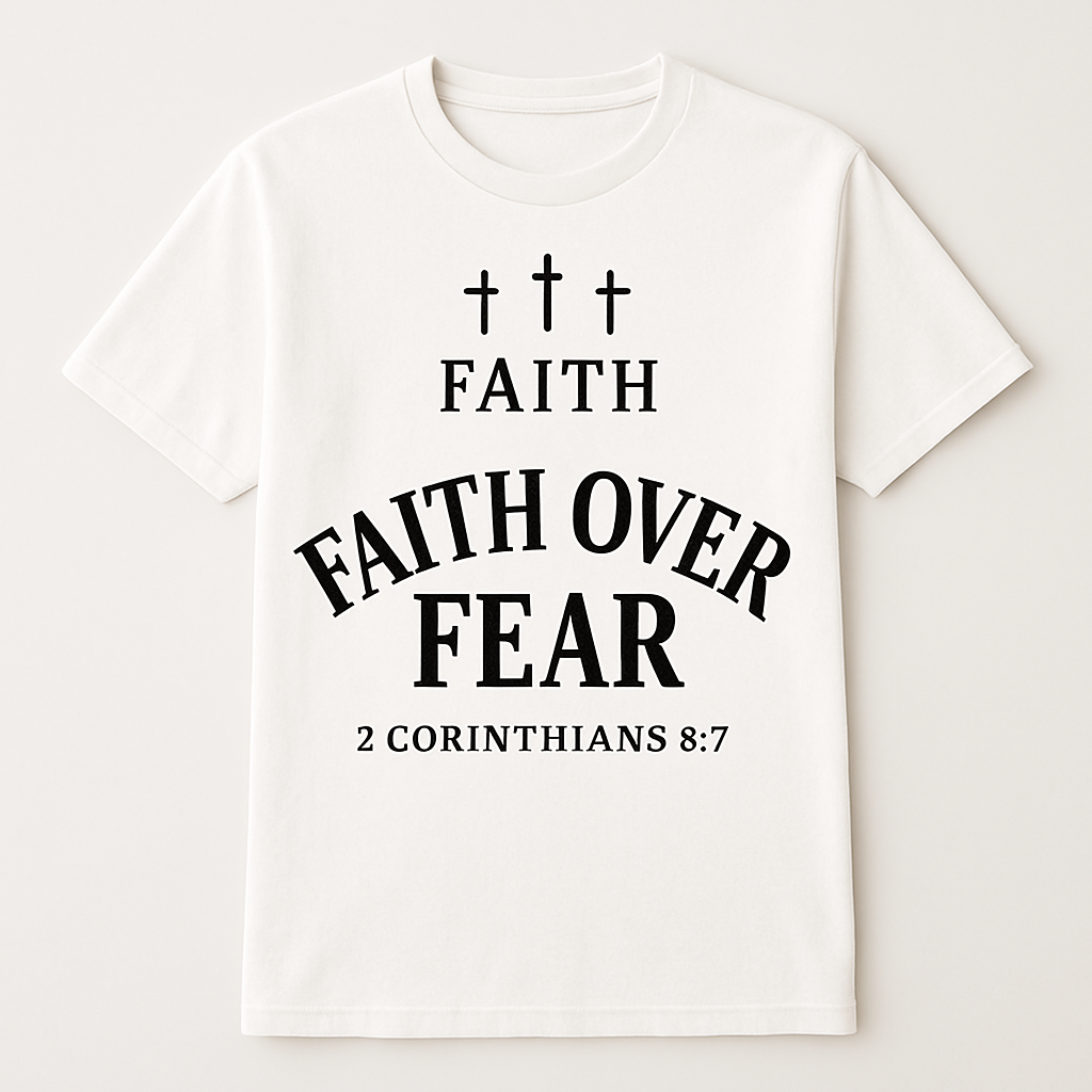 Faith Over Fear Christian T-Shirt – 2 Corinthians 5:7 Bible Verse, Inspirational Religious Tee with Crosses, Spiritual Gift Faith%20Over%20Fear%20prompt%20%2322%20studio%20mockup.png