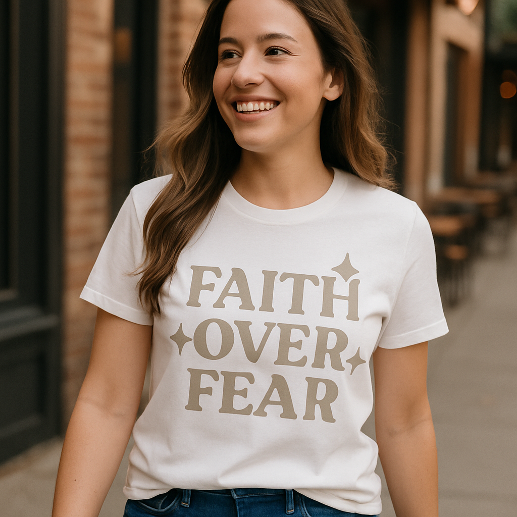 Faith Over Fear Christian T-Shirt – Bold Inspirational Quote Tee with Star Accents, Spiritual Motivational Shirt, Religious Gift Faith%20Over%20Fear%20prompt%20%2323%20lifestyle%20mockup.png