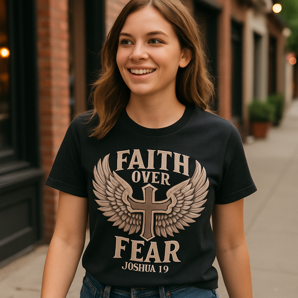 Faith Over Fear Christian T-Shirt – Winged Cross Joshua 1:9 Scripture Tee – Inspirational Religious Gift for Men & Women Faith%20Over%20Fear%20prompt%20%2324%20lifestyle%20mockup.png