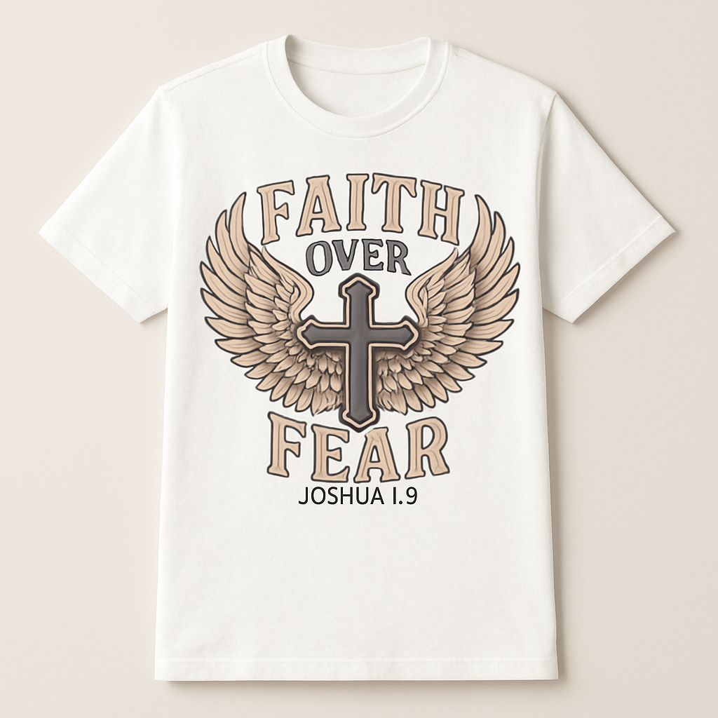 Faith Over Fear Christian T-Shirt – Winged Cross Joshua 1:9 Scripture Tee – Inspirational Religious Gift for Men & Women Faith%20Over%20Fear%20prompt%20%2324%20studio%20mockup.png