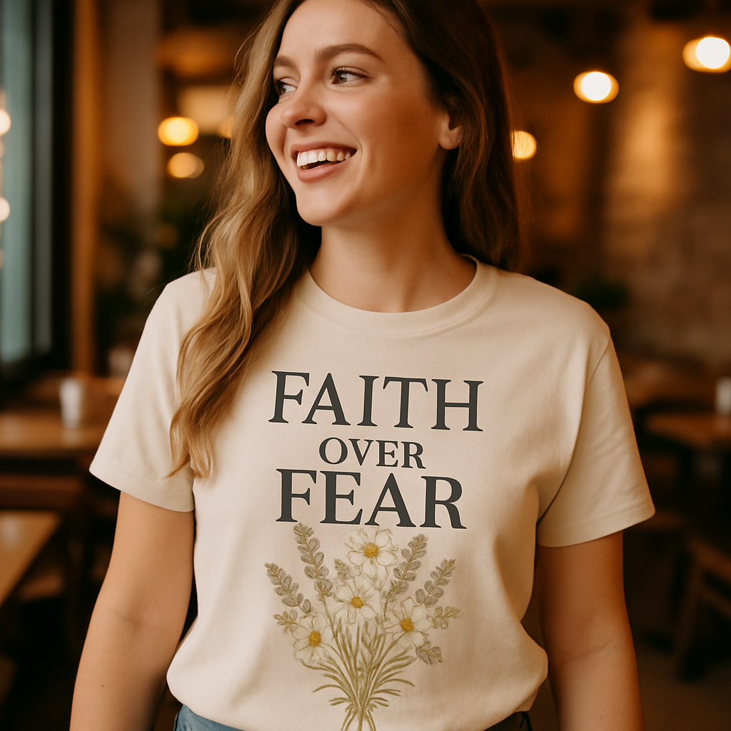 Faith Over Fear T-Shirt – Christian Floral Graphic Tee, Inspirational Daisy Bouquet Shirt, Religious Gift, Uplifting Positive Message Top Faith%20Over%20Fear%20prompt%20%2326%20lifestyle%20mockup.png