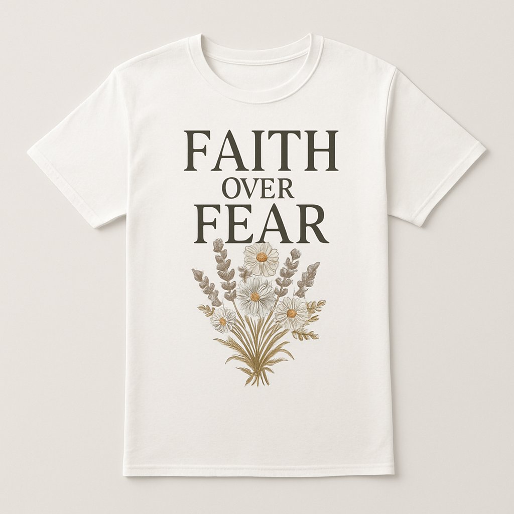 Faith Over Fear T-Shirt – Christian Floral Graphic Tee, Inspirational Daisy Bouquet Shirt, Religious Gift, Uplifting Positive Message Top Faith%20Over%20Fear%20prompt%20%2326%20studio%20mockup.png