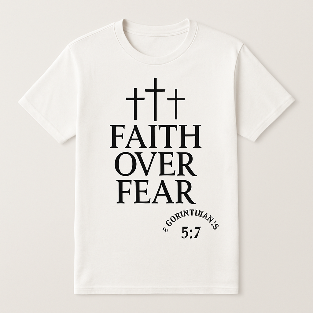Faith Over Fear Christian T-Shirt – Three Crosses, 2 Corinthians 5:7 Bible Verse, Religious Inspirational Tee Faith%20Over%20Fear%20prompt%20%2329%20studio%20mockup.png