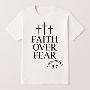 Faith Over Fear Christian T-Shirt – Three Crosses, 2 Corinthians 5:7 Bible Verse, Religious Inspirational Tee Faith%20Over%20Fear%20prompt%20%2329%20studio%20mockup.png