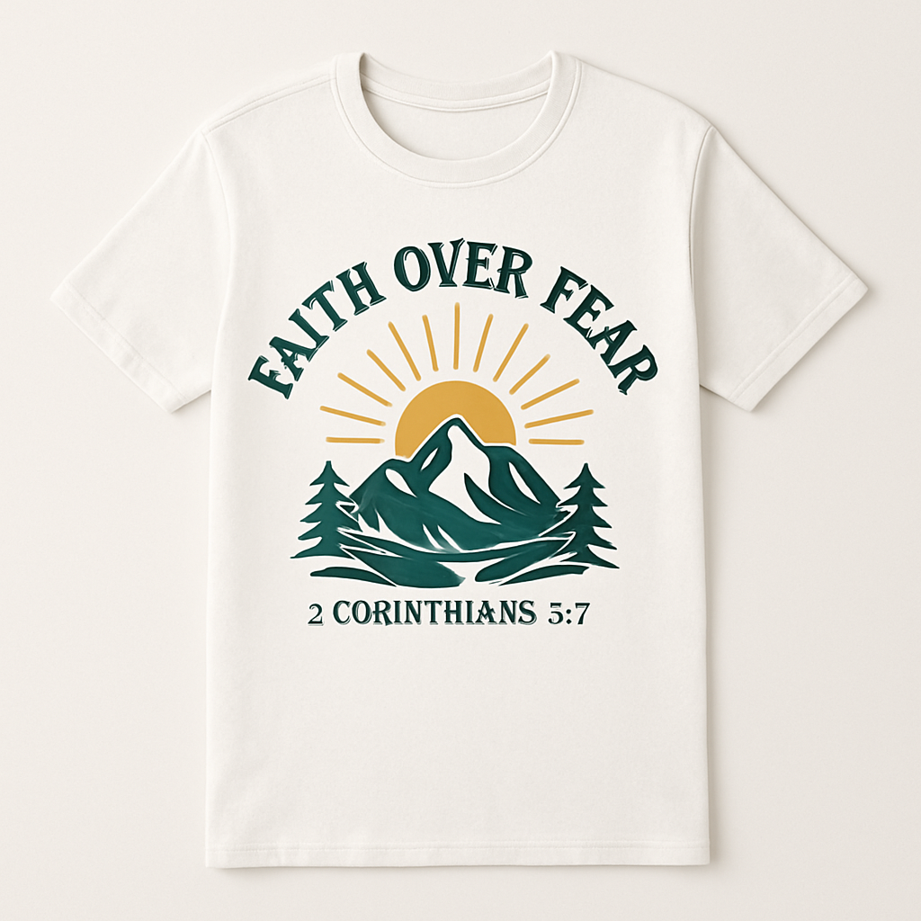 Faith Over Fear Christian T-Shirt Mountain Sunrise – Inspirational Bible Verse 2 Corinthians 5:7 Tee for Believers Faith%20Over%20Fear%20prompt%20%2330%20studio%20mockup.png