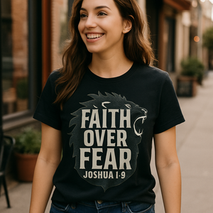 Faith Over Fear Christian T-Shirt – Lion Head Joshua 1:9 Bible Verse Tee, Inspirational Religious Apparel for Believers Faith%20Over%20Fear%20prompt%20%2334%20lifestyle%20mockup.png