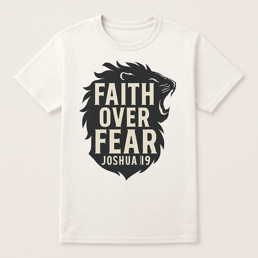 Faith Over Fear Christian T-Shirt – Lion Head Joshua 1:9 Bible Verse Tee, Inspirational Religious Apparel for Believers Faith%20Over%20Fear%20prompt%20%2334%20studio%20mockup.png