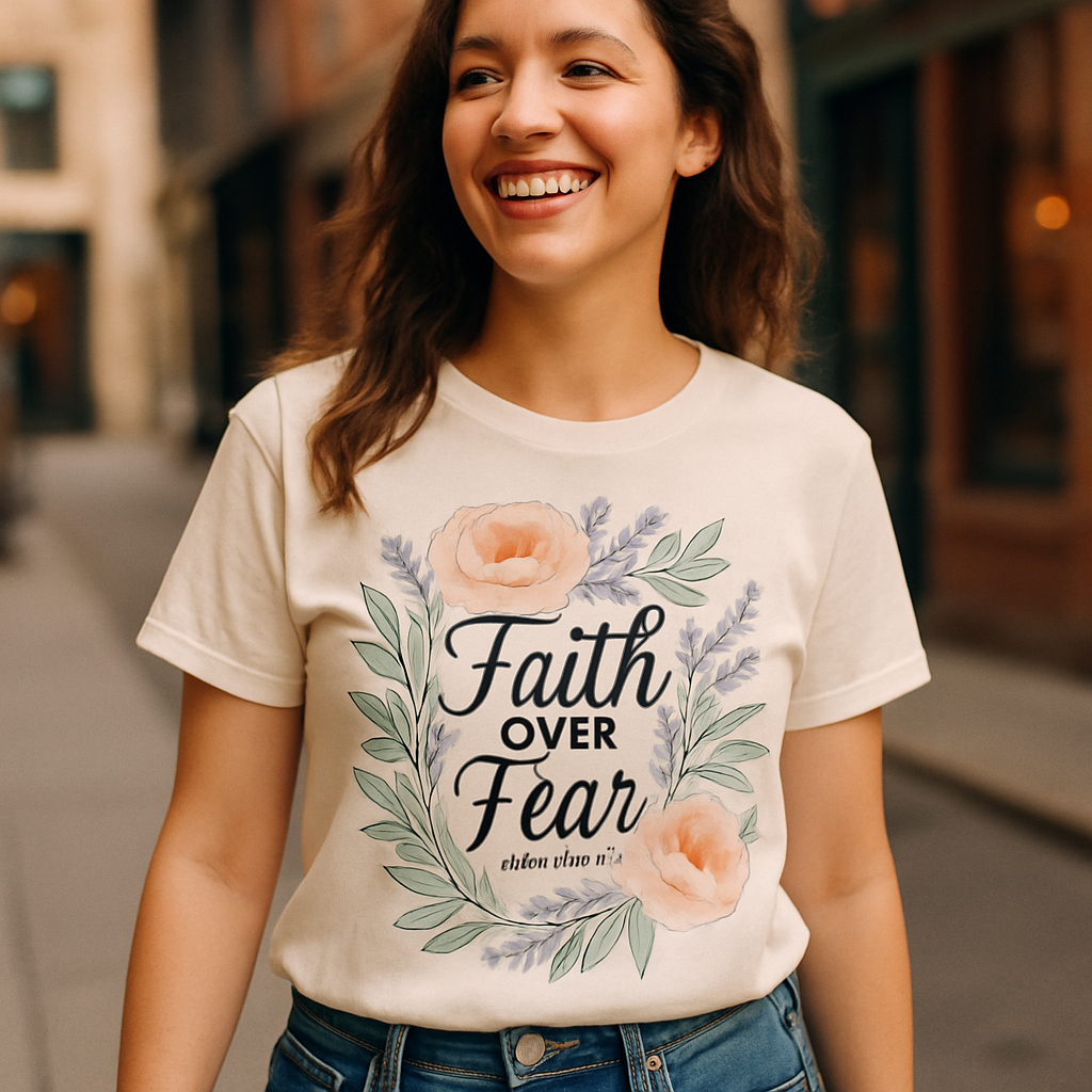 Faith Over Fear Floral Christian T-Shirt – Inspirational Bible Verse Tee with Pastel Flowers, Religious Gift for Women Faith%20Over%20Fear%20prompt%20%2335%20lifestyle%20mockup.png