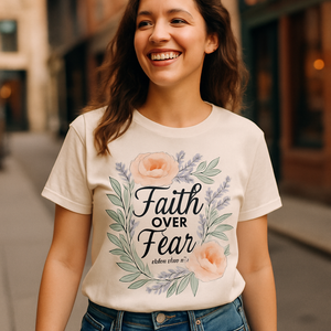 Faith Over Fear Floral Christian T-Shirt – Inspirational Bible Verse Tee with Pastel Flowers, Religious Gift for Women Faith%20Over%20Fear%20prompt%20%2335%20lifestyle%20mockup.png
