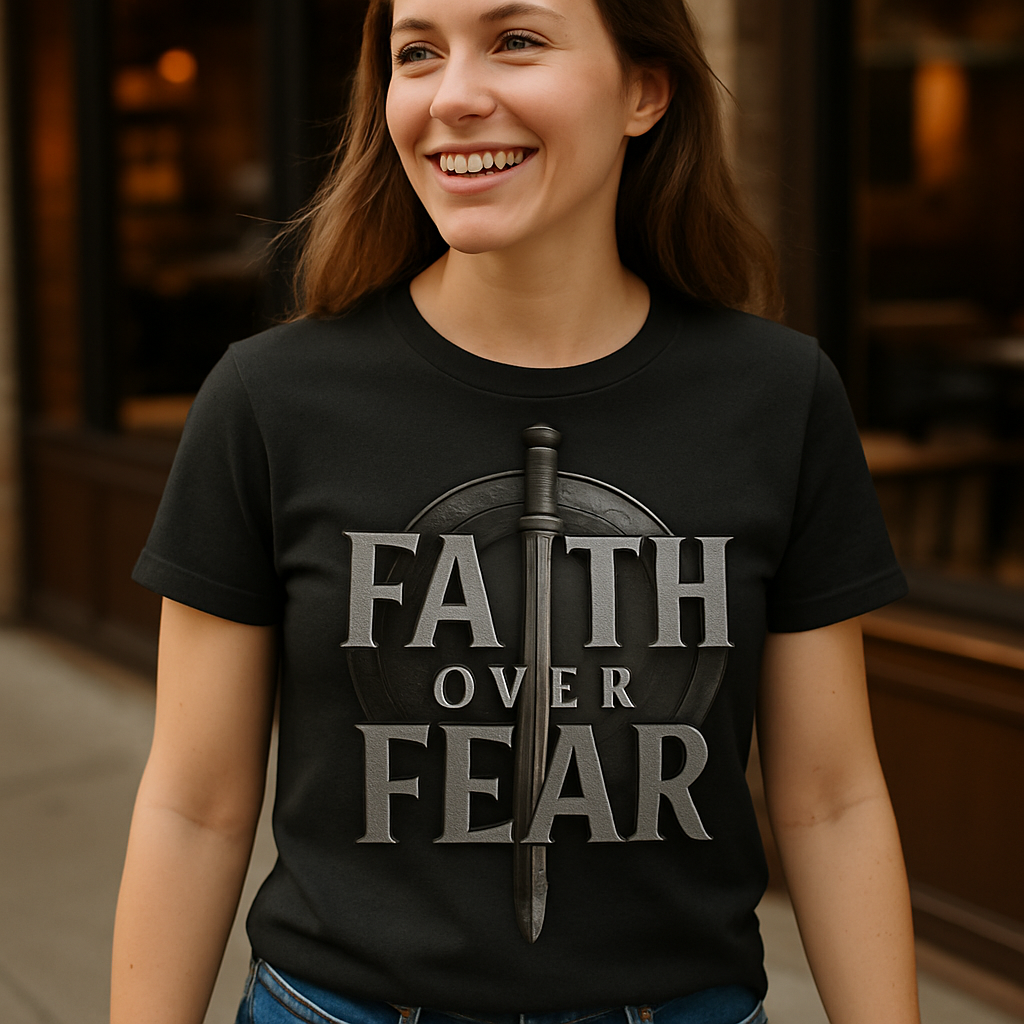 Faith Over Fear T-Shirt – Christian Armor Sword & Shield Graphic, Inspirational Religious Tee, Spiritual Strength Shirt for Believers Faith%20Over%20Fear%20prompt%20%2338%20lifestyle%20mockup.png