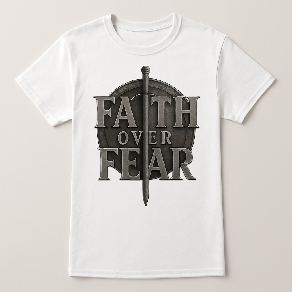 Faith Over Fear T-Shirt – Christian Armor Sword & Shield Graphic, Inspirational Religious Tee, Spiritual Strength Shirt for Believers Faith%20Over%20Fear%20prompt%20%2338%20studio%20mockup.png