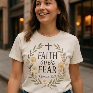 Faith Over Fear Christian T-Shirt – Romans 15:13 Verse, Cross & Floral Design, Inspirational Scripture Tee for Believers Faith%20Over%20Fear%20prompt%20%2339%20lifestyle%20mockup.png