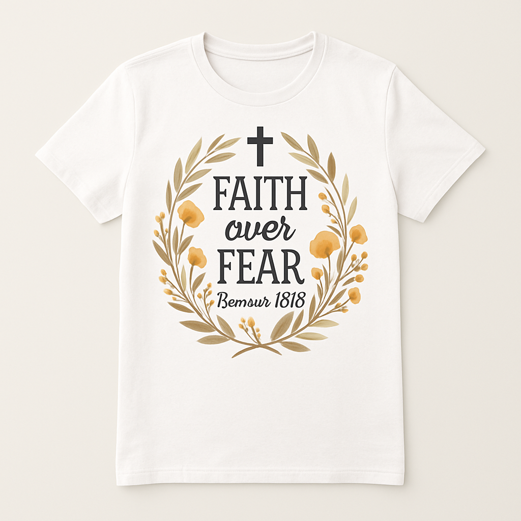 Faith Over Fear Christian T-Shirt – Romans 15:13 Verse, Cross & Floral Design, Inspirational Scripture Tee for Believers Faith%20Over%20Fear%20prompt%20%2339%20studio%20mockup.png