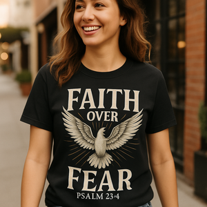 Faith Over Fear Christian T-Shirt – Psalm 23:4 Bible Verse, Vintage Dove, Inspirational Religious Apparel for Believers Faith%20Over%20Fear%20prompt%20%233%20lifestyle%20mockup.png