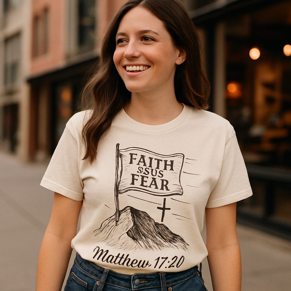 Faith Over Fear Christian T-Shirt – Matthew 17:20 Bible Verse, Mountain & Cross Graphic Tee, Inspirational Religious Apparel Faith%20Over%20Fear%20prompt%20%2341%20lifestyle%20mockup.png