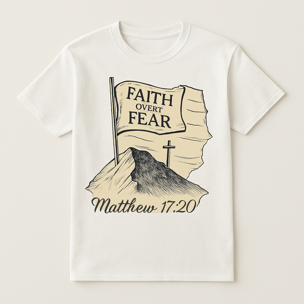 Faith Over Fear Christian T-Shirt – Matthew 17:20 Bible Verse, Mountain & Cross Graphic Tee, Inspirational Religious Apparel Faith%20Over%20Fear%20prompt%20%2341%20studio%20mockup.png