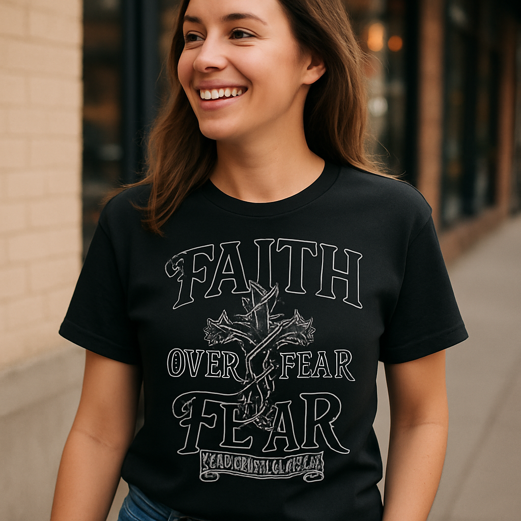 Faith Over Fear Christian T-Shirt – Bold Cross Thorn Design, John 16:33 Scripture Tee, Religious Inspiration Gift Faith%20Over%20Fear%20prompt%20%2342%20lifestyle%20mockup.png