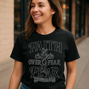 Faith Over Fear Christian T-Shirt – Bold Cross Thorn Design, John 16:33 Scripture Tee, Religious Inspiration Gift Faith%20Over%20Fear%20prompt%20%2342%20lifestyle%20mockup.png