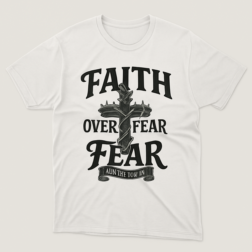 Faith Over Fear Christian T-Shirt – Bold Cross Thorn Design, John 16:33 Scripture Tee, Religious Inspiration Gift Faith%20Over%20Fear%20prompt%20%2342%20studio%20mockup.png