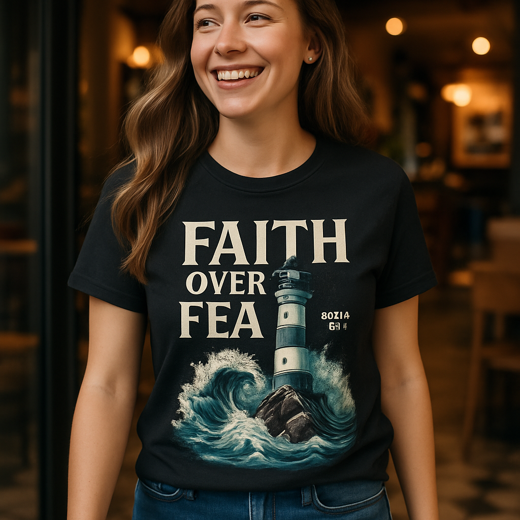Faith Over Fear Lighthouse Christian T-Shirt – Psalm 45:1 Bible Verse Tee, Inspirational Religious Waves Graphic Shirt for Believers Faith%20Over%20Fear%20prompt%20%2343%20lifestyle%20mockup.png