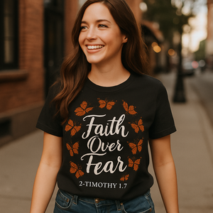 Faith Over Fear Christian T-Shirt – 2 Timothy 1:7 Scripture Tee with Butterflies, Inspirational Religious Shirt for Women & Men Faith%20Over%20Fear%20prompt%20%2344%20lifestyle%20mockup.png