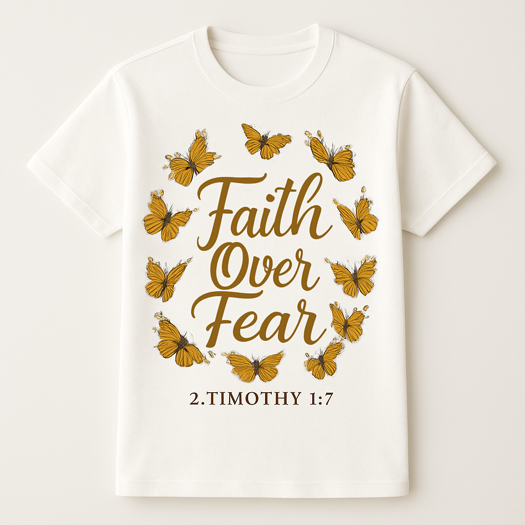 Faith Over Fear Christian T-Shirt – 2 Timothy 1:7 Scripture Tee with Butterflies, Inspirational Religious Shirt for Women & Men Faith%20Over%20Fear%20prompt%20%2344%20studio%20mockup.png