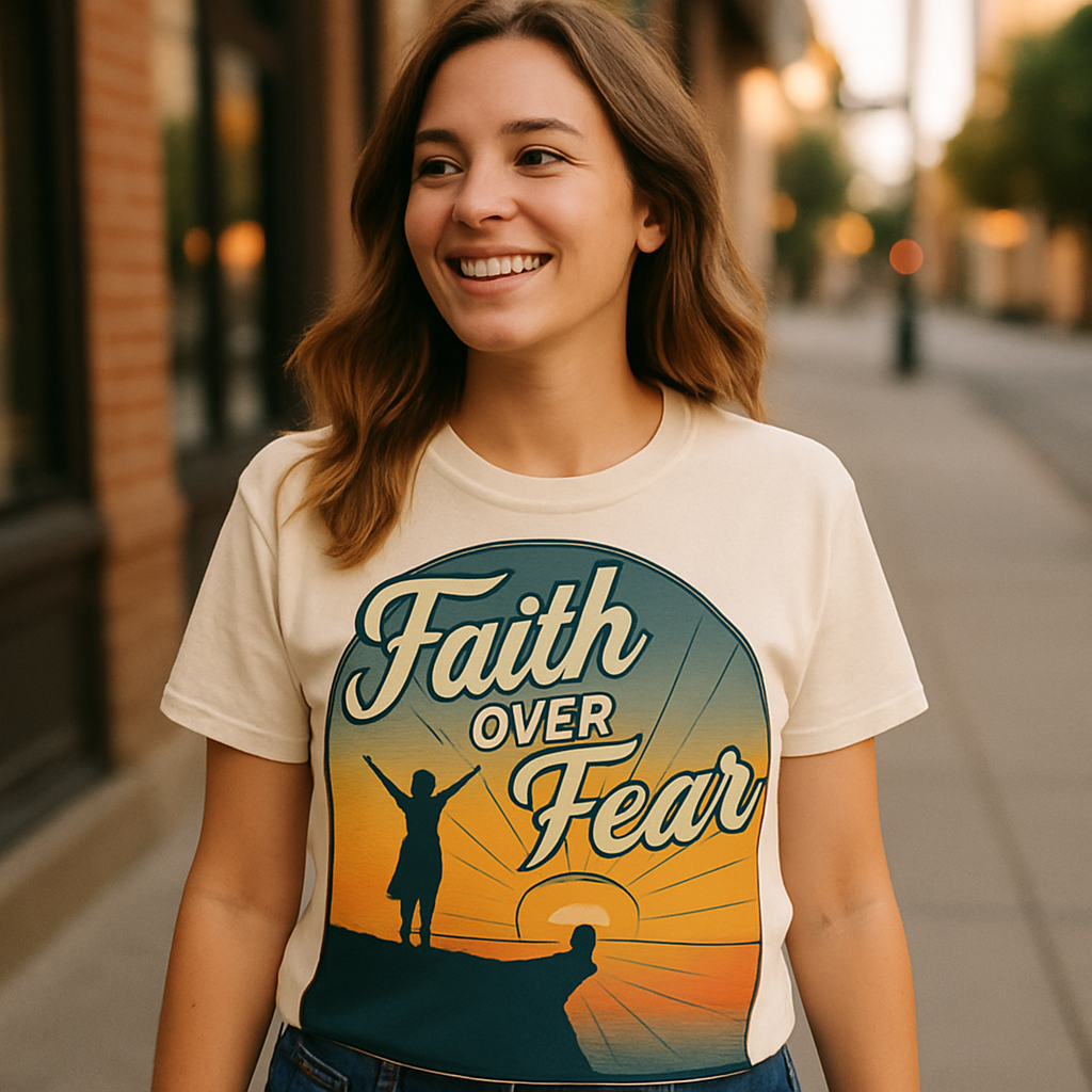 Faith Over Fear T-Shirt — Inspirational Sunset Graphic, Christian Encouragement Tee, Uplifting Religious Apparel, Spiritual Gift Faith%20Over%20Fear%20prompt%20%2345%20lifestyle%20mockup.png