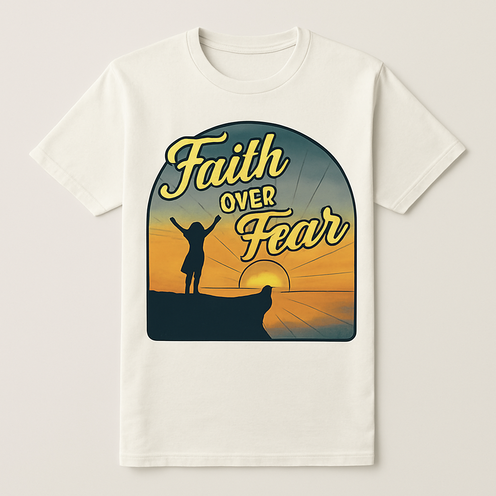 Faith Over Fear T-Shirt — Inspirational Sunset Graphic, Christian Encouragement Tee, Uplifting Religious Apparel, Spiritual Gift Faith%20Over%20Fear%20prompt%20%2345%20studio%20mockup.png