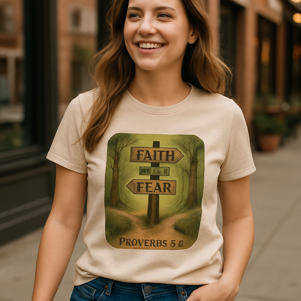 Faith Over Fear Christian T-Shirt – Proverbs 3:6 Bible Verse, Rustic Wooden Sign, Inspirational Religious Tee for Believers Faith%20Over%20Fear%20prompt%20%2346%20lifestyle%20mockup.png