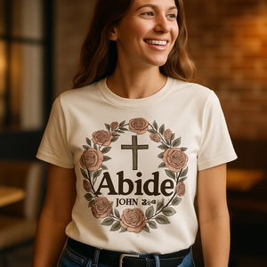 Abide Christian T-Shirt – Faith Over Fear, Floral Cross, John 15:4 Bible Verse, Inspirational Scripture Tee for Women & Men Faith%20Over%20Fear%20prompt%20%234%20lifestyle%20mockup.png